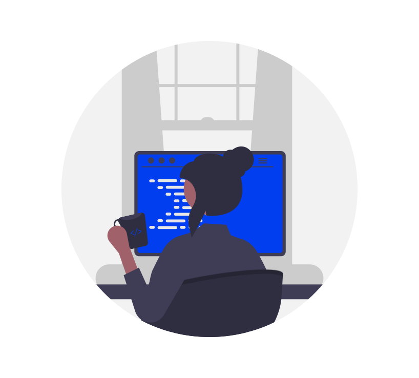 A programmer sitting in front of a blue monitor with a mug.